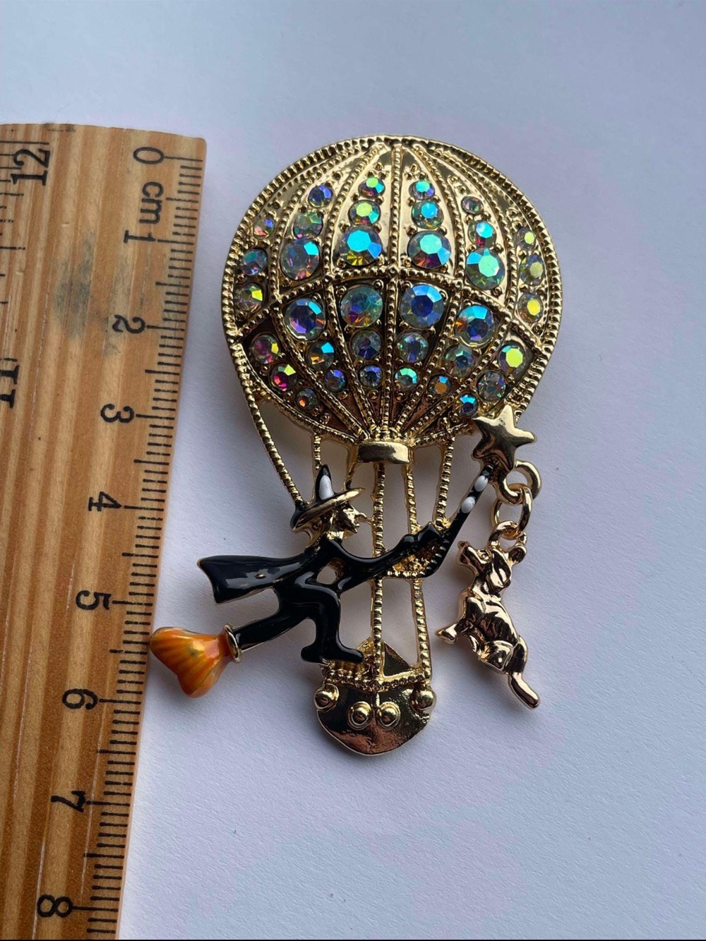 Gold Hot Air Balloon Witch Brooch with Iridescent Crystals
